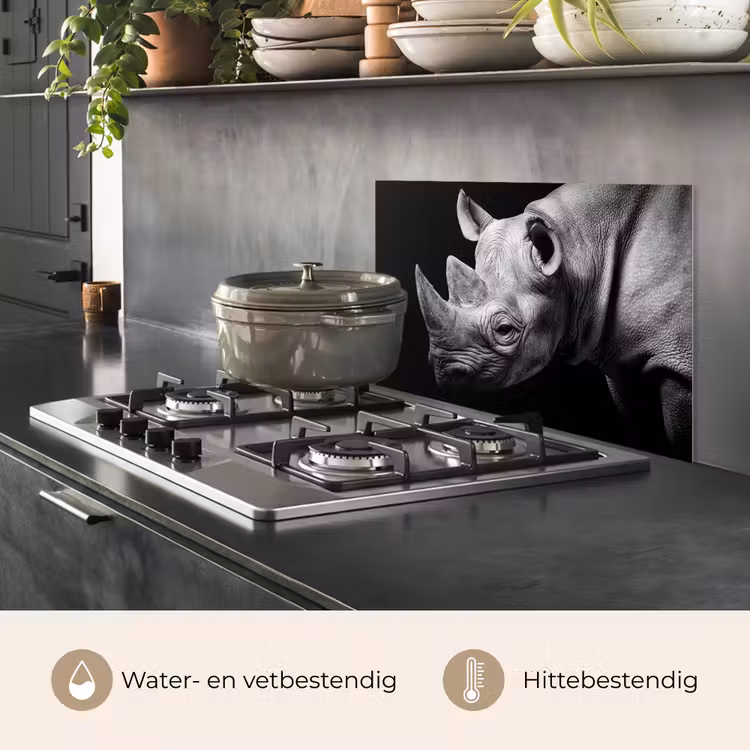 Spatscherm keuken - Dieren - Neushoorn - Zwart - Wit - Portret — 7