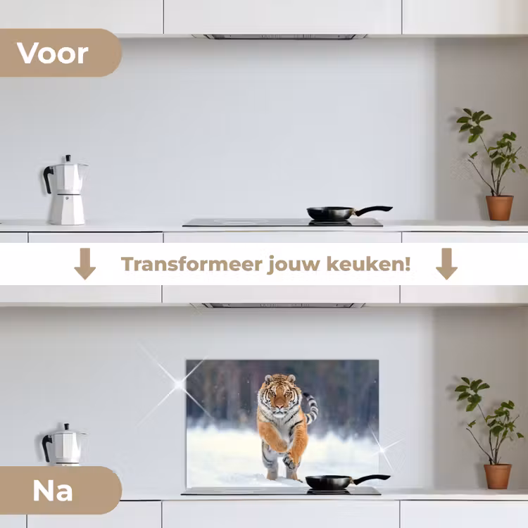 Spatscherm keuken - Tijger - Landschap - Sneeuw - Winter - Dieren — 3