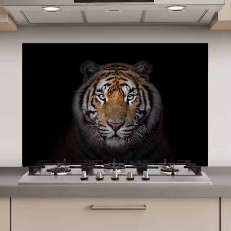 Spatscherm keuken - Tijger - Wilde dieren - Portret - Zwart - Dieren — 1