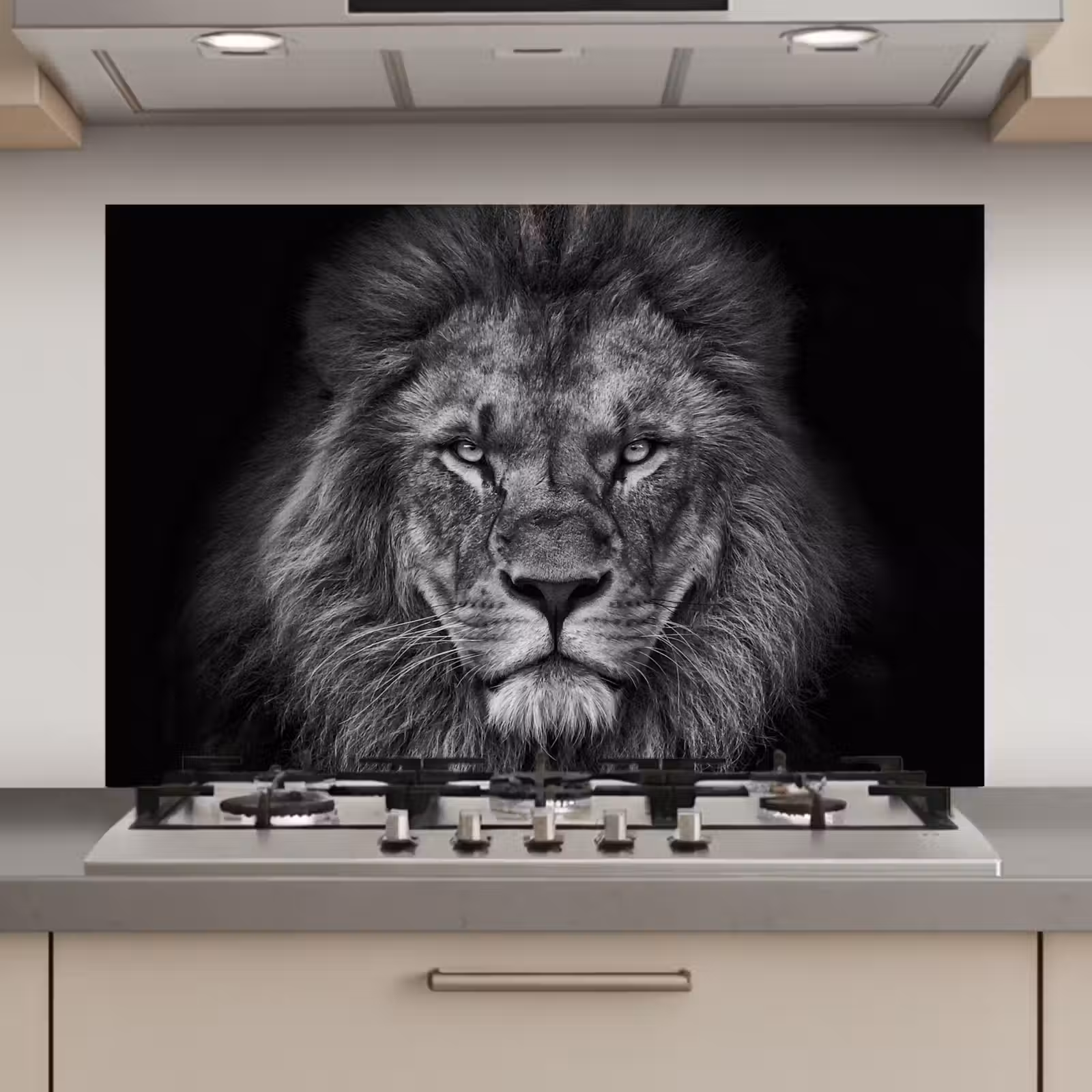 Spatscherm keuken - Leeuw - Dieren - Zwart - Wit — 1
