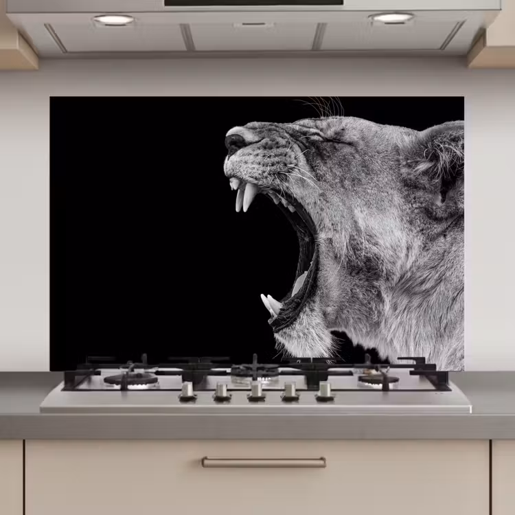 Spatscherm keuken - Dieren - Leeuw - Zwart - Wit - Portret — 1