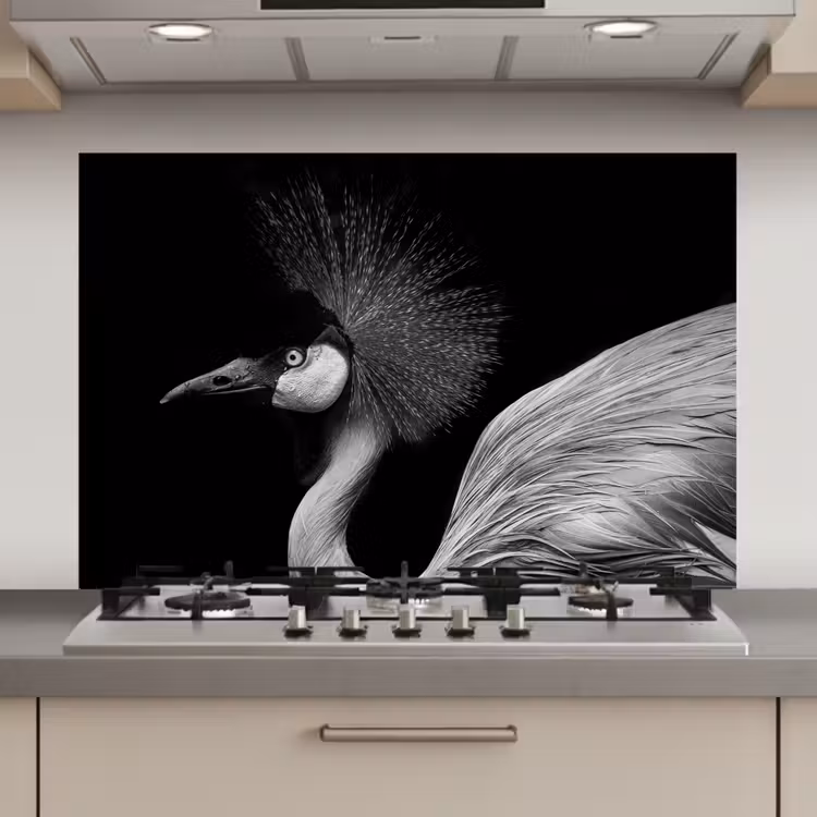 Spatscherm keuken - Kraanvogel - Zwart - Wit - Vogel - Dieren — 1