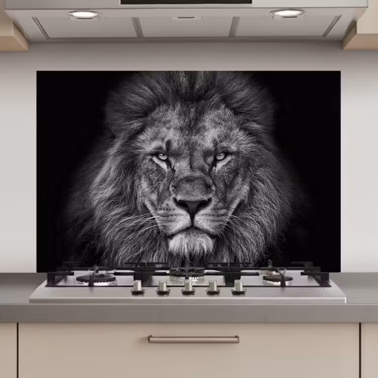 Spatscherm keuken - Leeuw - Dieren - Zwart - Wit — 1