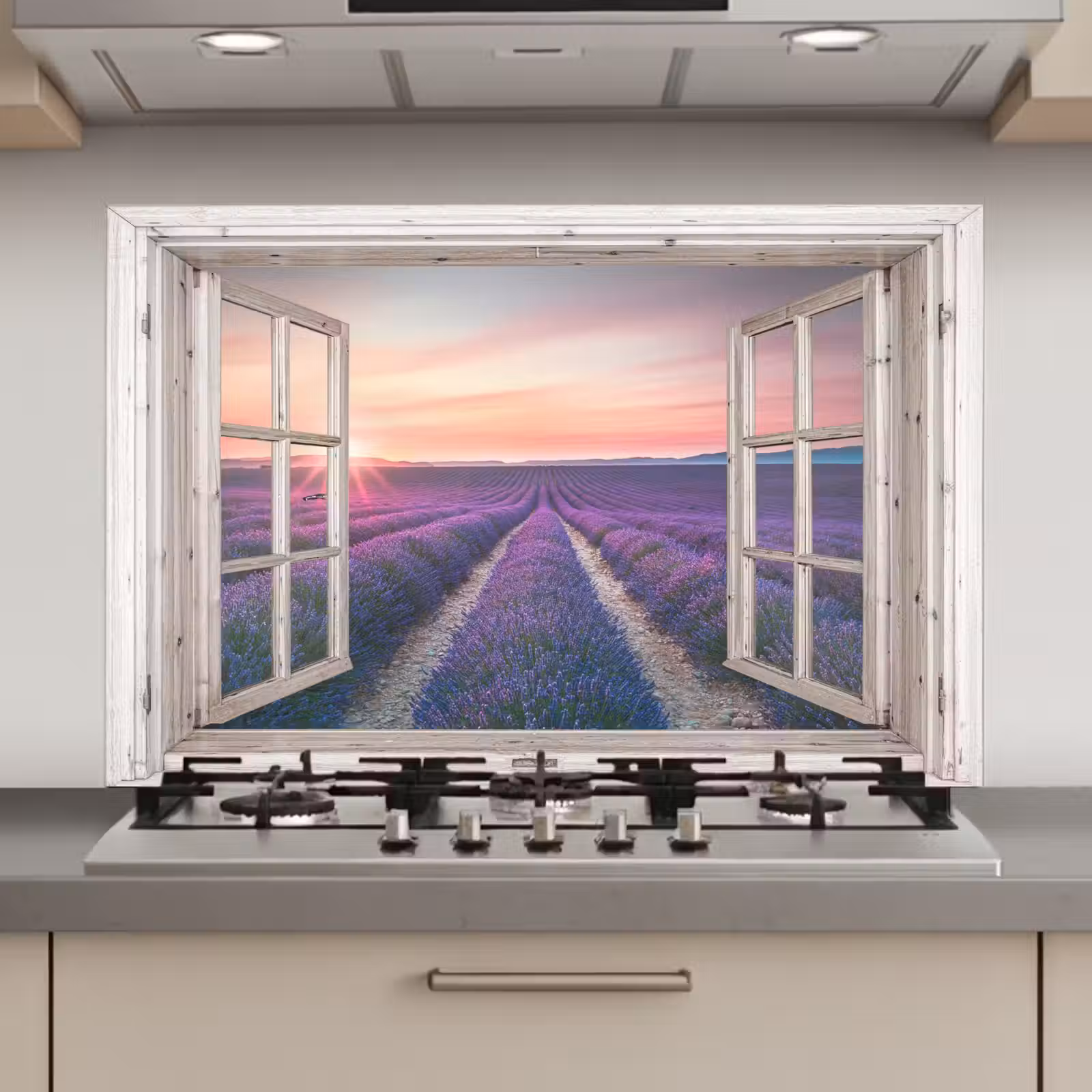 Spatscherm keuken - Doorkijk - Lavendel - Bloemen - Hout - Zonsondergang - Paars — 1