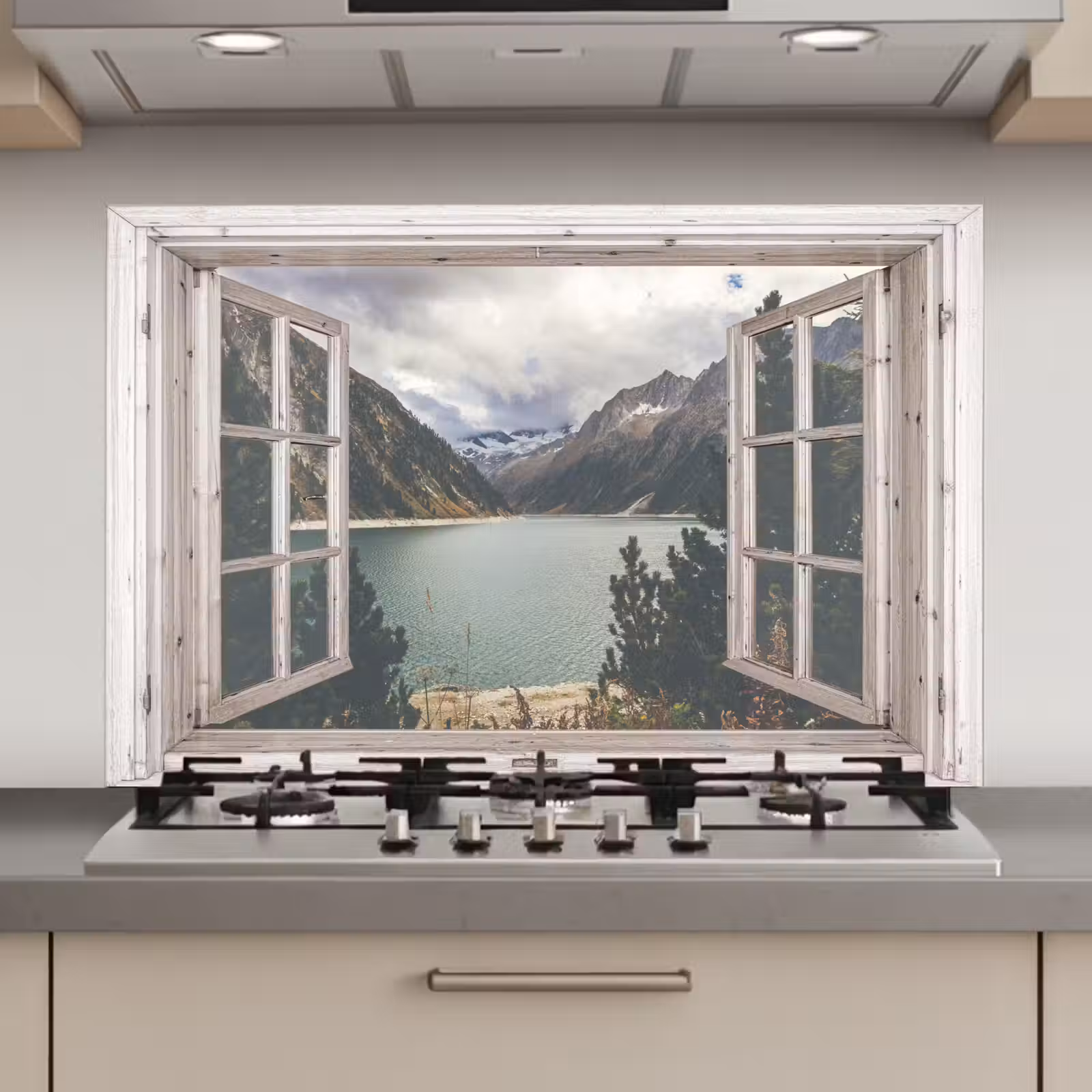 Spatscherm keuken - Doorkijk - Water - Berg — 1