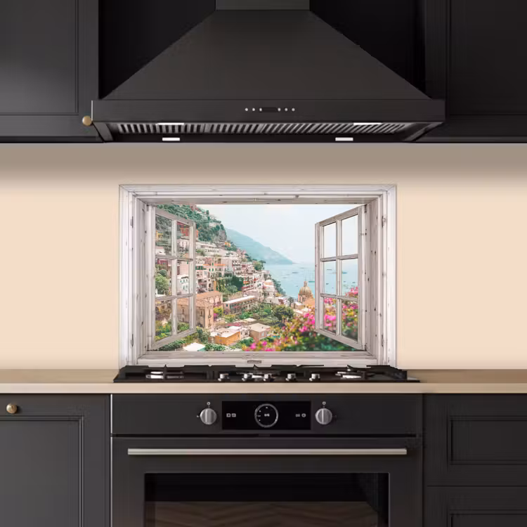 Spatscherm keuken - Doorkijk - Italië - Bloemen - Zee - Kust - Stad - Bergen — 2