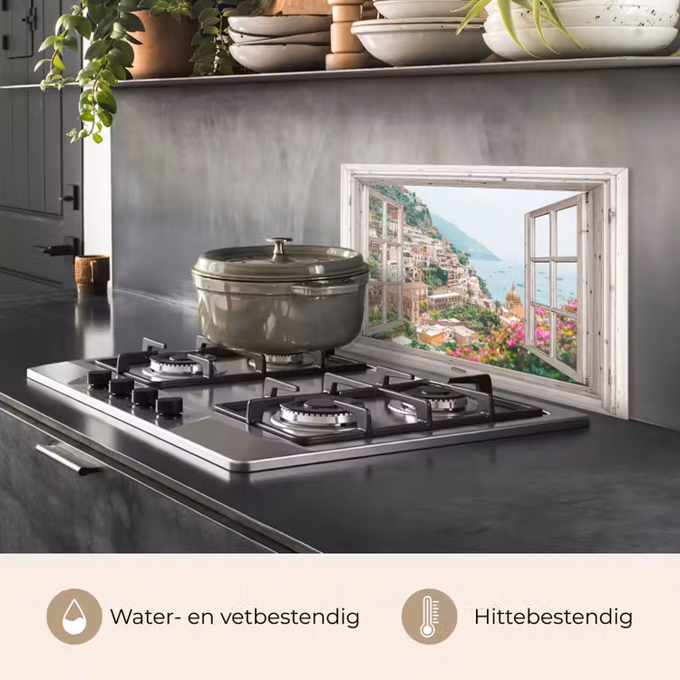Spatscherm keuken - Doorkijk - Italië - Bloemen - Zee - Kust - Stad - Bergen — 7