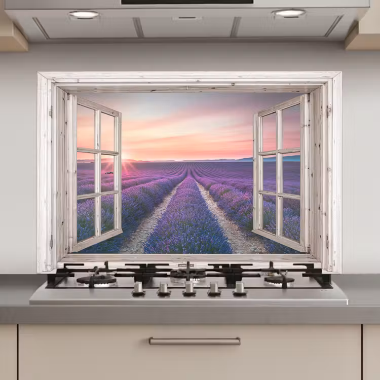Spatscherm keuken - Doorkijk - Lavendel - Bloemen - Hout - Zonsondergang - Paars — 1