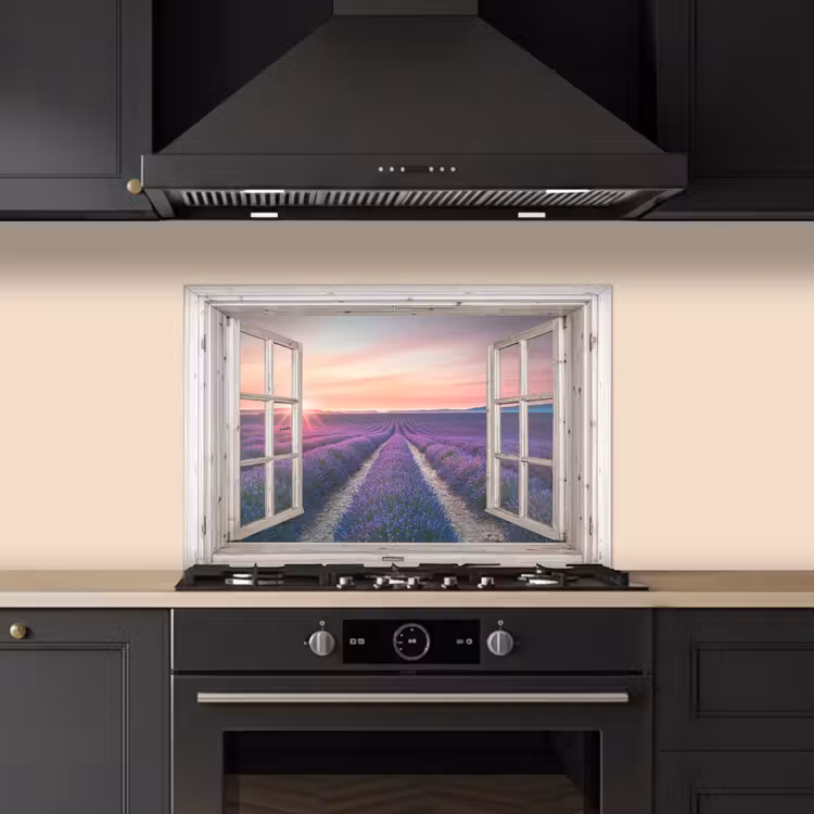 Spatscherm keuken - Doorkijk - Lavendel - Bloemen - Hout - Zonsondergang - Paars — 2