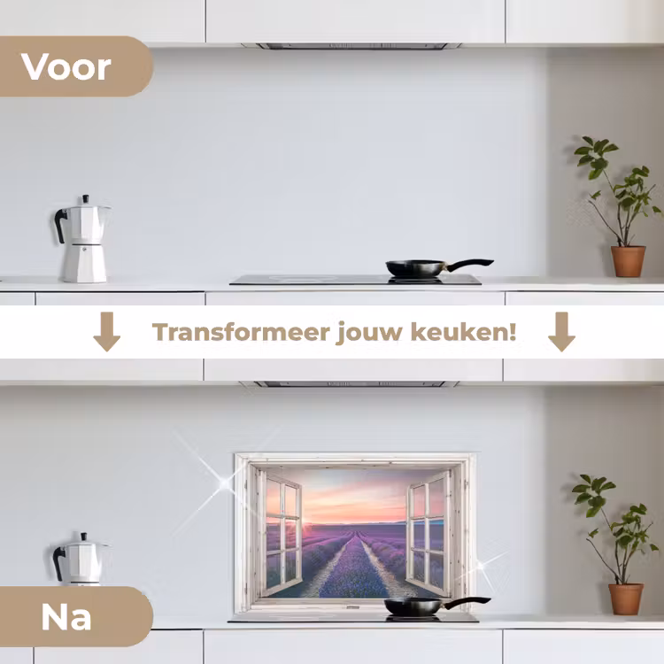 Spatscherm keuken - Doorkijk - Lavendel - Bloemen - Hout - Zonsondergang - Paars — 3