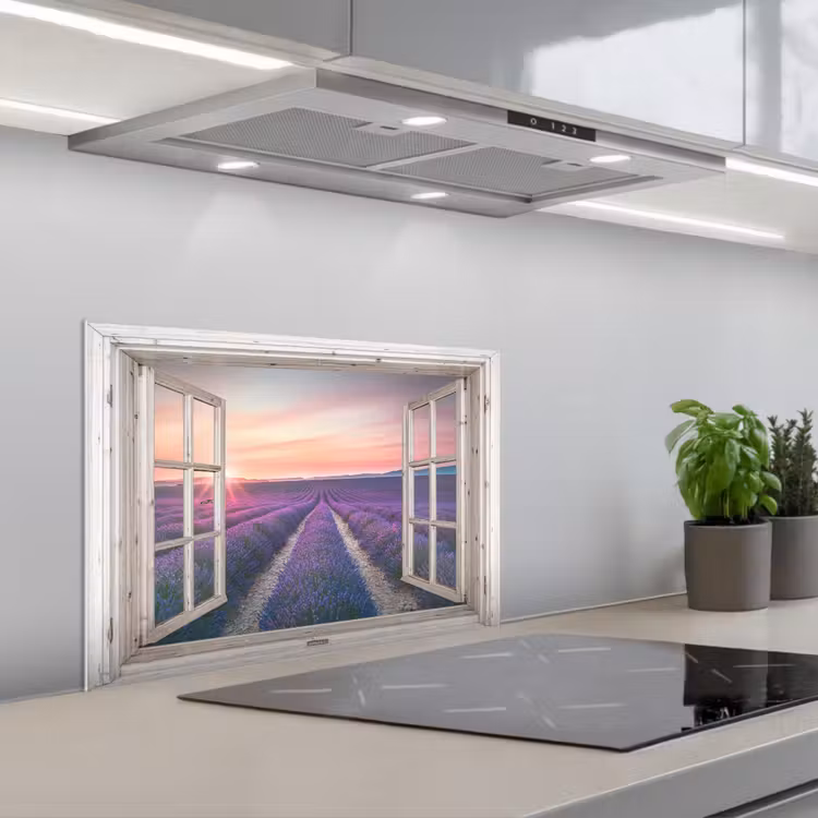 Spatscherm keuken - Doorkijk - Lavendel - Bloemen - Hout - Zonsondergang - Paars — 5