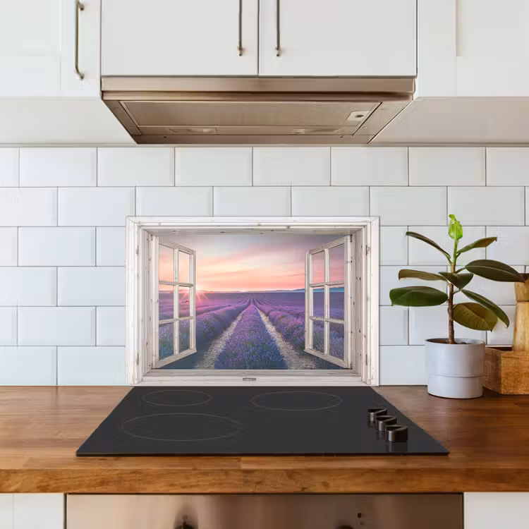 Spatscherm keuken - Doorkijk - Lavendel - Bloemen - Hout - Zonsondergang - Paars — 6