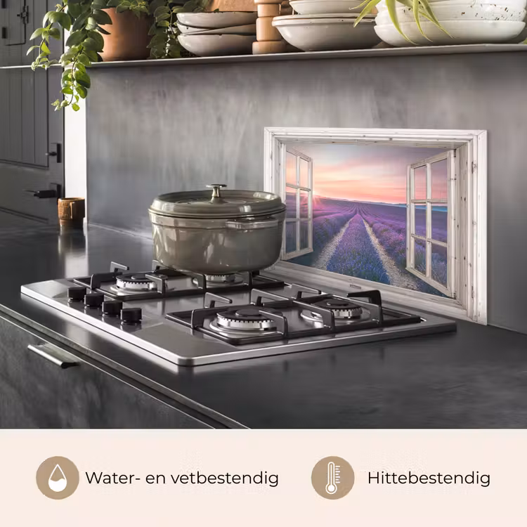 Spatscherm keuken - Doorkijk - Lavendel - Bloemen - Hout - Zonsondergang - Paars — 7