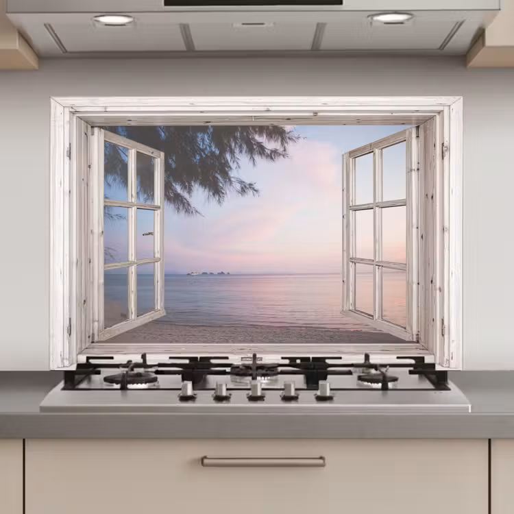 Spatscherm keuken - Doorkijk - Strand - Palmboom — 1