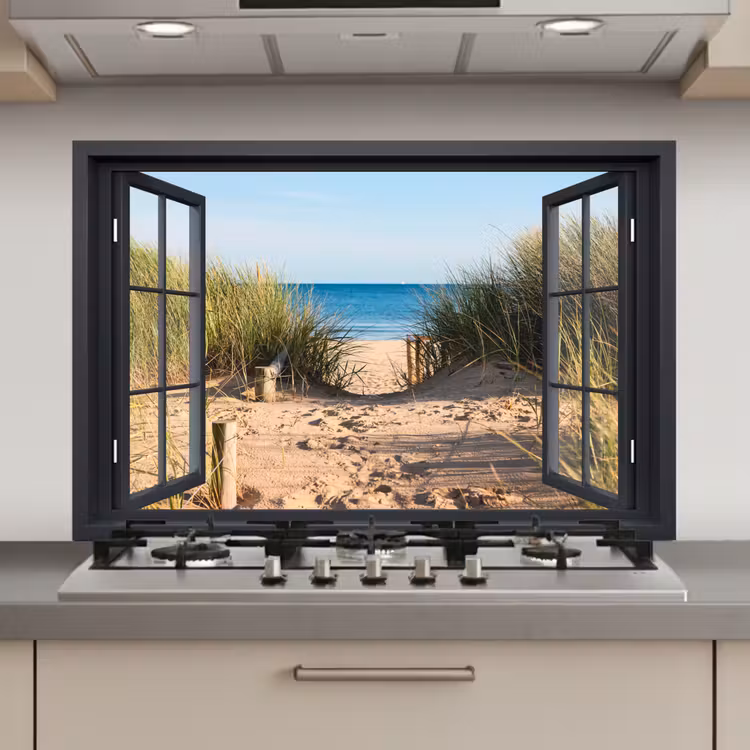 Spatscherm keuken - Doorkijk - Strand - Zee - Zand - Water - Helmgras - Duinen — 1