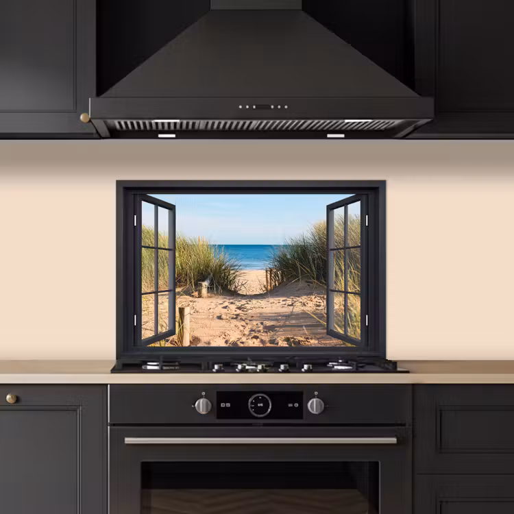Spatscherm keuken - Doorkijk - Strand - Zee - Zand - Water - Helmgras - Duinen — 2