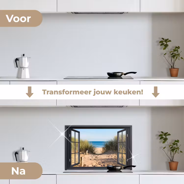 Spatscherm keuken - Doorkijk - Strand - Zee - Zand - Water - Helmgras - Duinen — 3