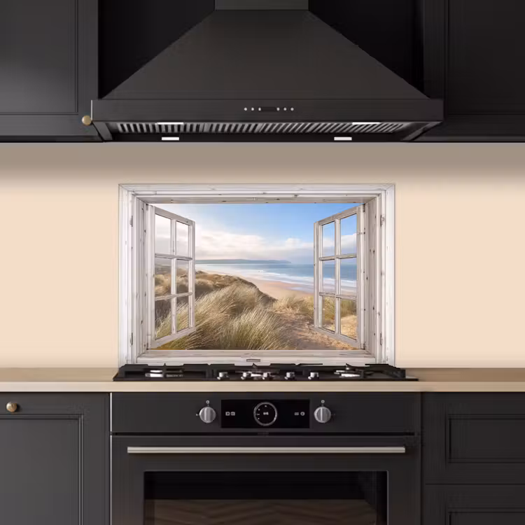 Spatscherm keuken - Doorkijk - Strand - Zee - Duinen - Helmgras - Zand - Blauw — 2