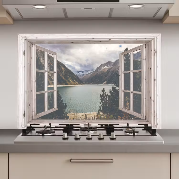 Spatscherm keuken - Doorkijk - Water - Berg — 1