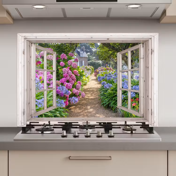 Spatscherm keuken - Landhuis omlijst door Hortensia's — 1