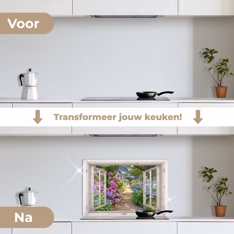 Spatscherm keuken - Landhuis omlijst door Hortensia's — 3