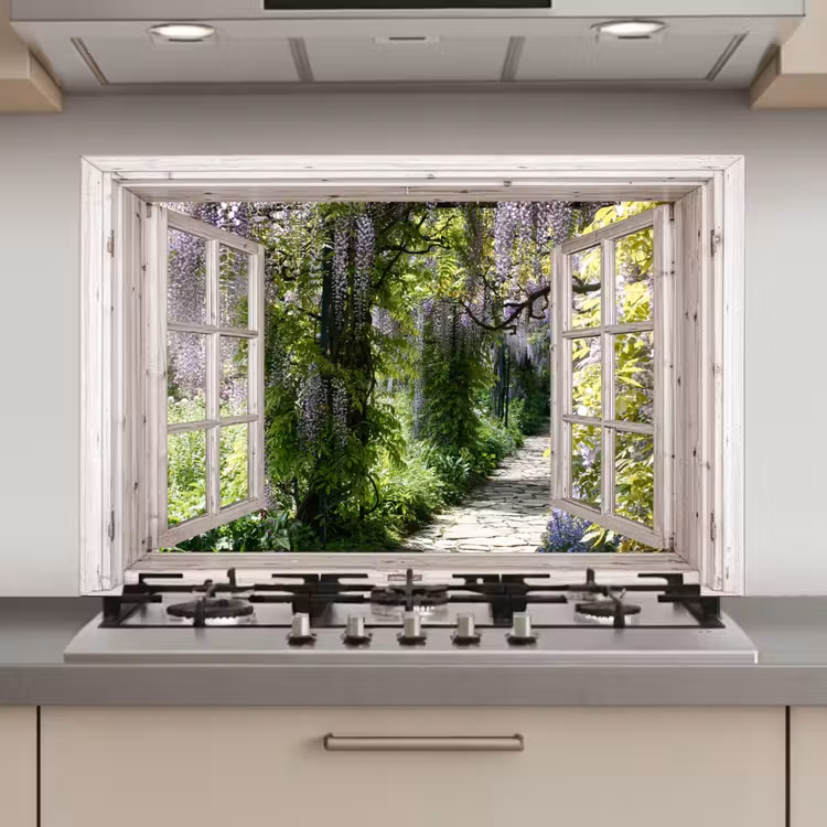 Spatscherm keuken - Uitzicht op de Wisteriatuin — 1