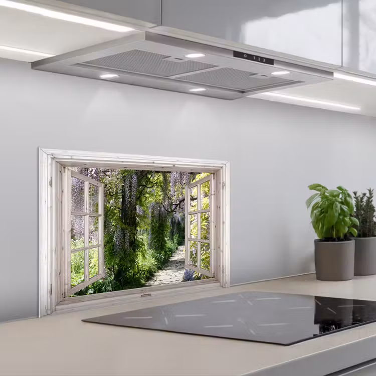 Spatscherm keuken - Uitzicht op de Wisteriatuin — 5