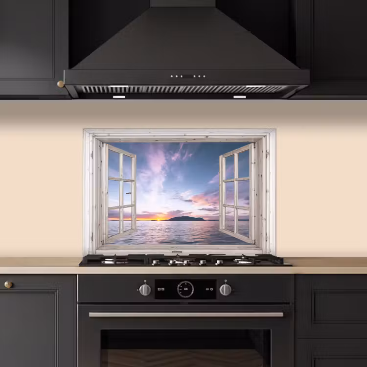 Spatscherm keuken - Raam met Zicht op Zonsondergang — 2