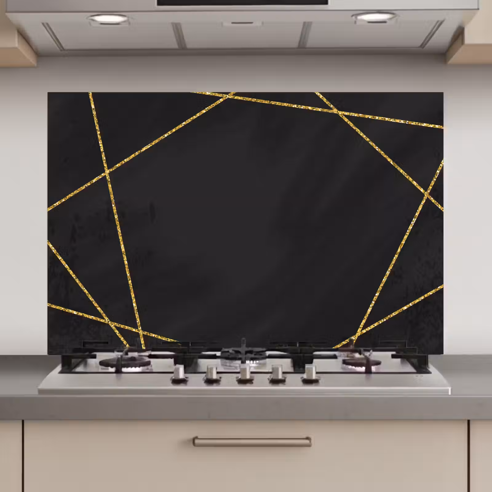 Spatscherm keuken - Geometrisch patroon van gouden lijnen op een zwarte achtergrond — 1