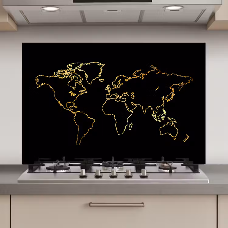Spatscherm keuken - Gouden wereldkaart op een zwarte achtergrond — 1
