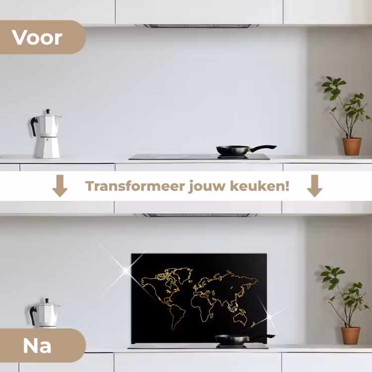 Spatscherm keuken - Gouden wereldkaart op een zwarte achtergrond — 3