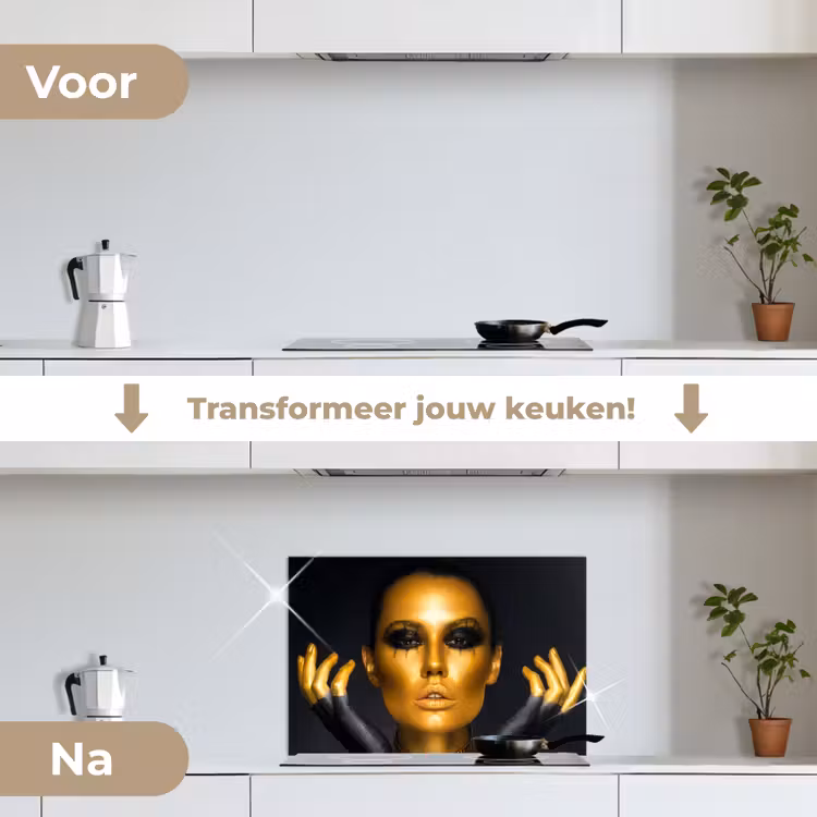 Spatscherm keuken - Vrouw - Portret - Goud - Luxe - Zwart — 3
