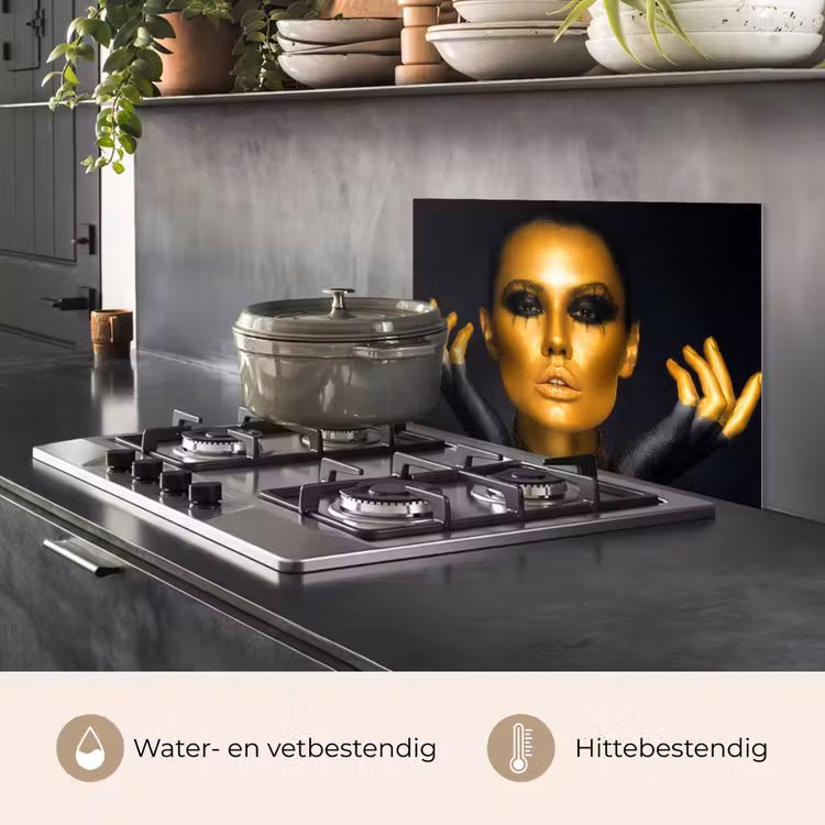Spatscherm keuken - Vrouw - Portret - Goud - Luxe - Zwart — 7