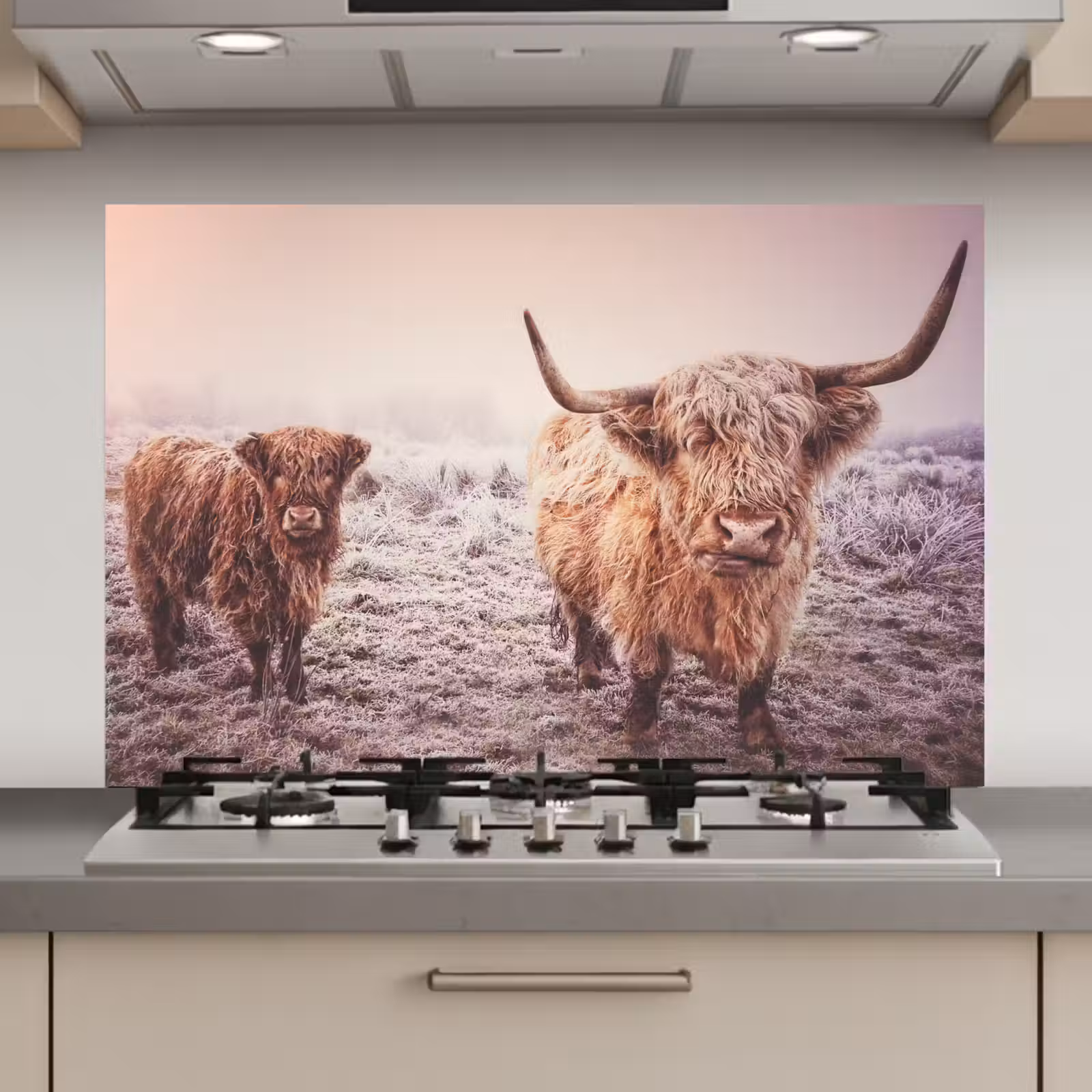 Spatscherm keuken - Schotse Hooglanders - Sneeuw - Zon — 1