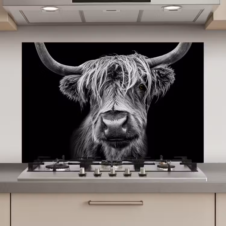 Spatscherm keuken - Schotse Hooglander - Horens - Zwart - Wit - Koe - Wild - Dieren