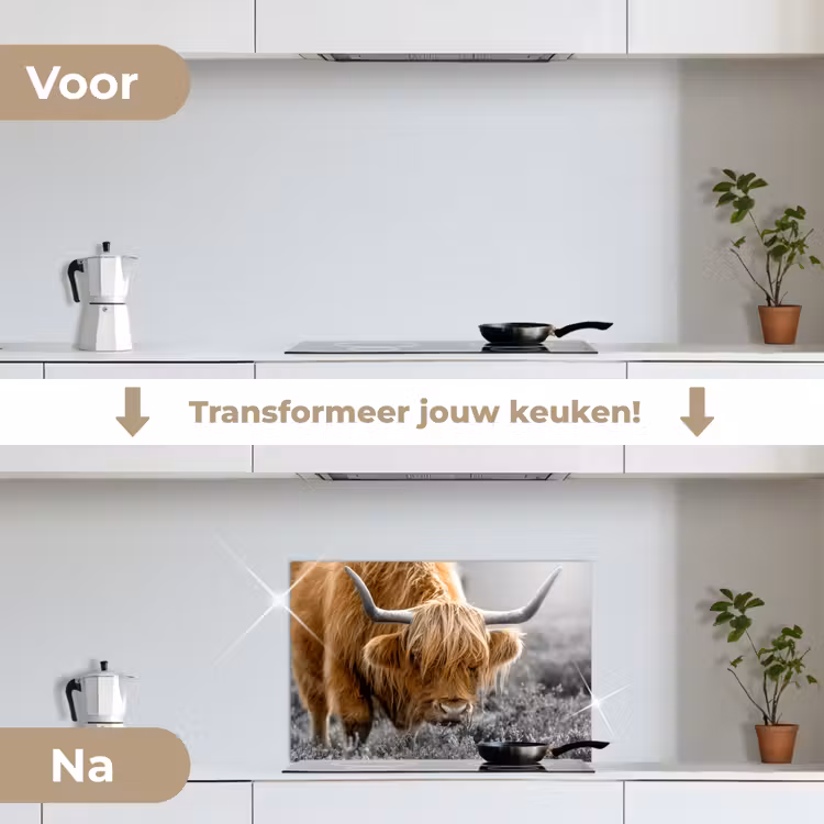Spatscherm keuken - Schotse Hooglander - Dieren - Bruin - Koe - Zwart - Wit - Natuur — 3