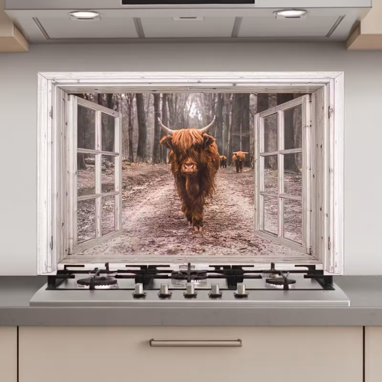 Spatscherm keuken - Doorkijk - Schotse Hooglander - Raam — 1