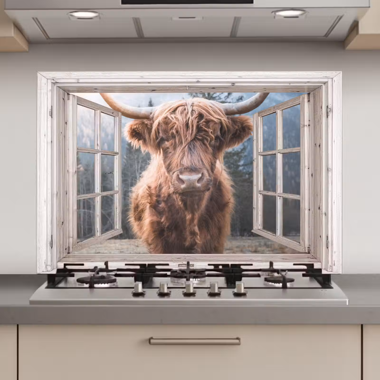 Spatscherm keuken - Schotse hooglander - Koe - Berg - Doorkijk — 1