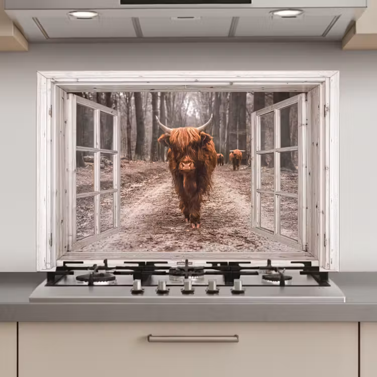 Spatscherm keuken - Doorkijk - Schotse Hooglander - Raam — 1