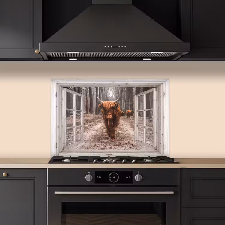 Spatscherm keuken - Doorkijk - Schotse Hooglander - Raam — 2