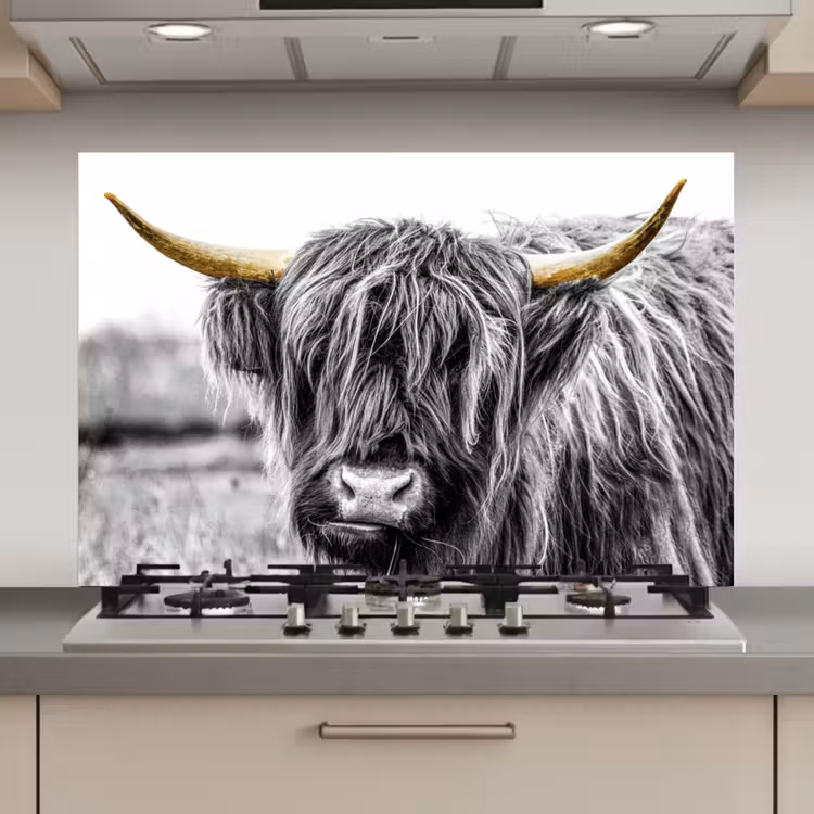Spatscherm keuken - Schotse hooglander - Hoorns - Goud - Zwart — 1