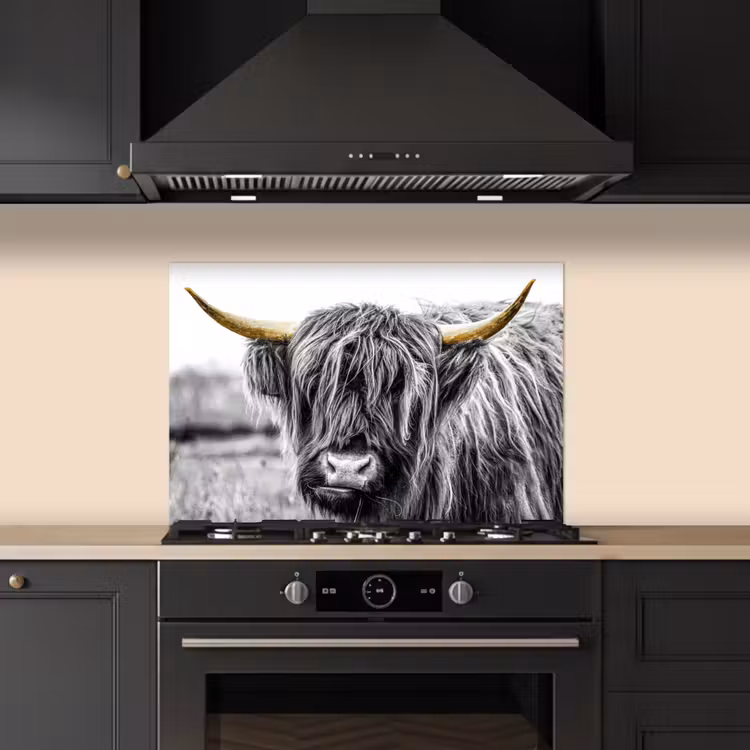 Spatscherm keuken - Schotse hooglander - Hoorns - Goud - Zwart — 2