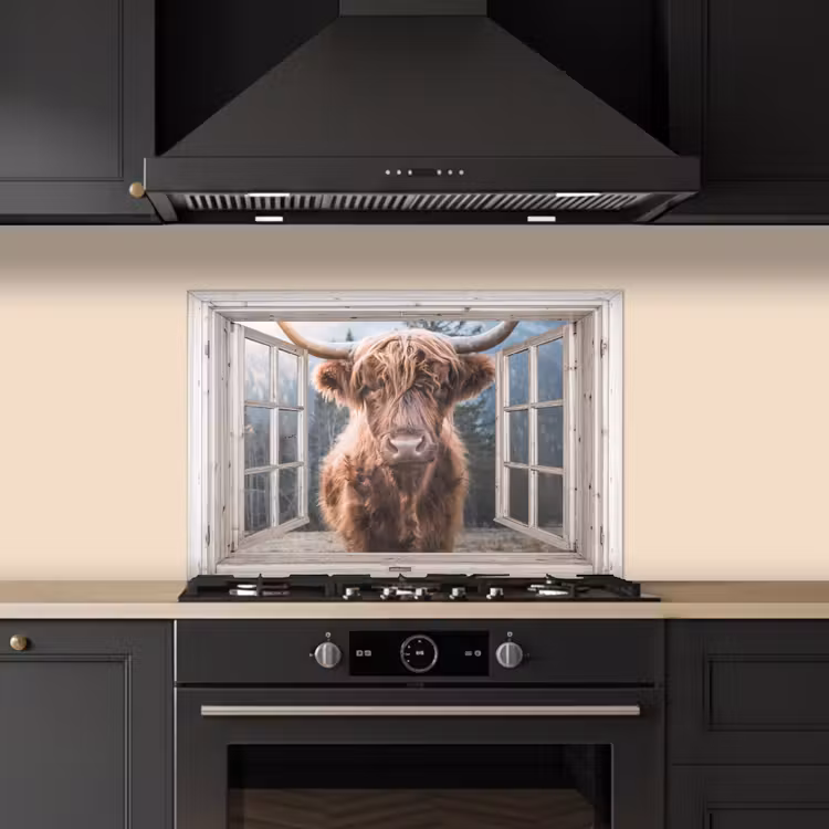 Spatscherm keuken - Schotse hooglander - Koe - Berg - Doorkijk — 2
