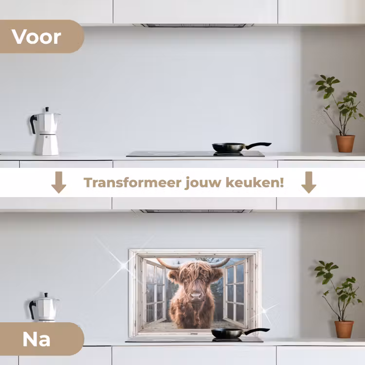 Spatscherm keuken - Schotse hooglander - Koe - Berg - Doorkijk — 3