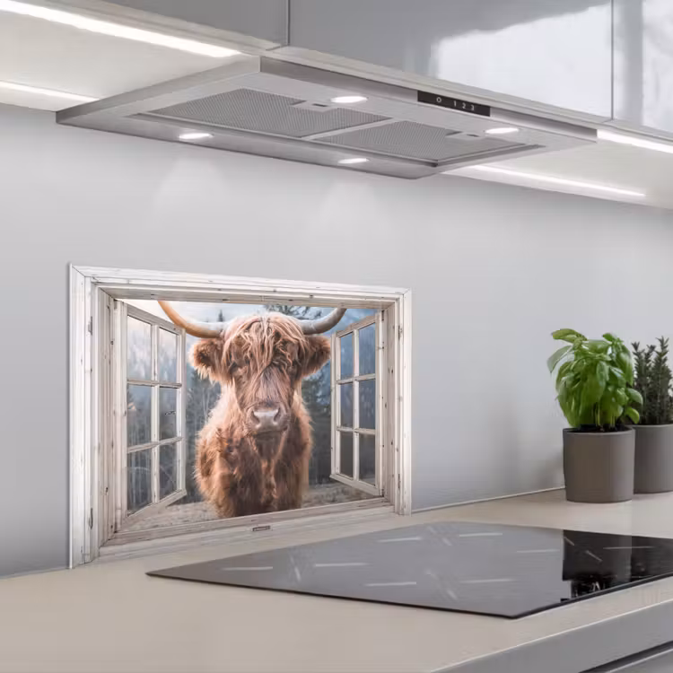 Spatscherm keuken - Schotse hooglander - Koe - Berg - Doorkijk — 5