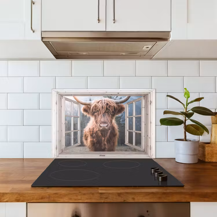 Spatscherm keuken - Schotse hooglander - Koe - Berg - Doorkijk — 6