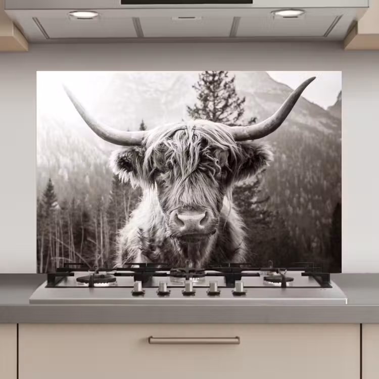 Spatscherm keuken - Schotse hooglander - Koe - Dieren - Zwart - Wit — 1