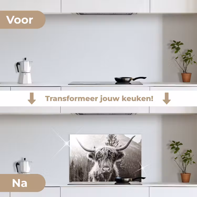 Spatscherm keuken - Schotse hooglander - Koe - Dieren - Zwart - Wit — 3