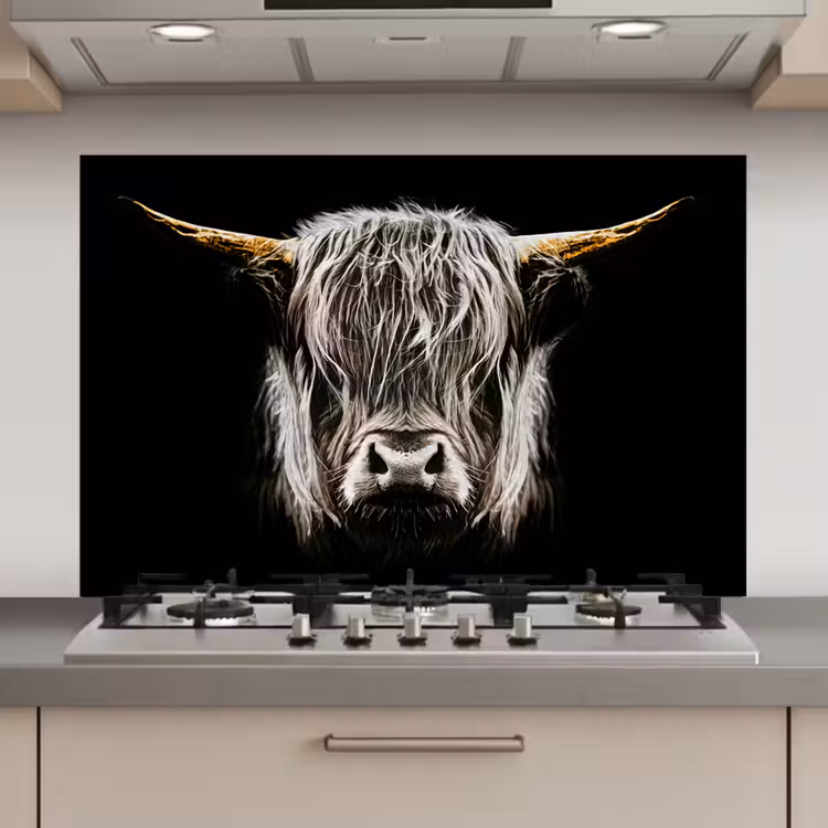 Spatscherm keuken - Schotse hooglander - Goud - Hoorns - Zwart wit - Koe - Dieren