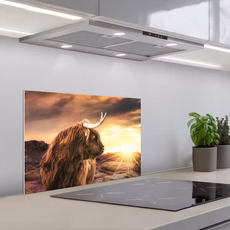 Spatscherm keuken - Schotse hooglander - Zon - Horizon - Koe - Dieren — 5